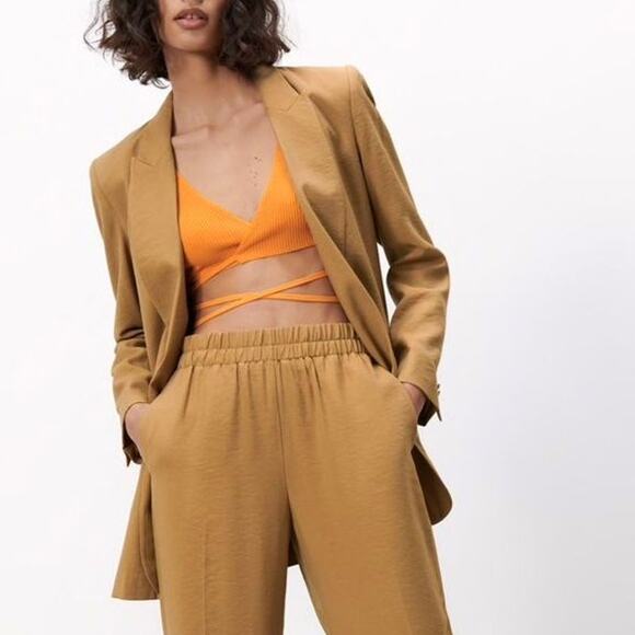 Zara Open Front Blazer Jacket Overcoat in Toffe Camel Oversized Shoulder Pads - Picture 1 of 7